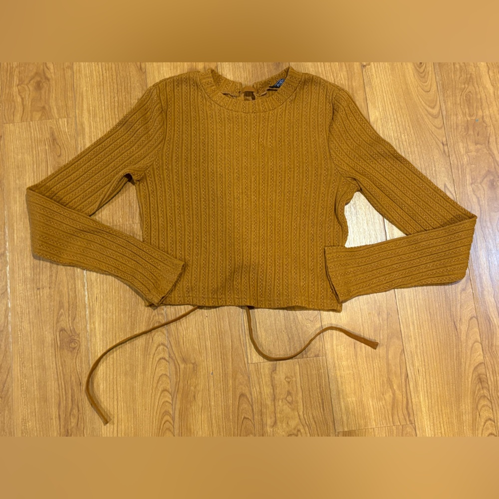 Bridge Mustard Cable Knit Crew Neck Cropped Sweater